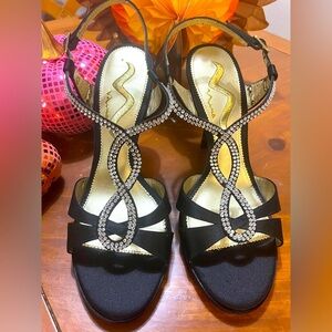 Nina Ricci Vierra Strappy Rhinestone Satin Heels, Black, Size 9M